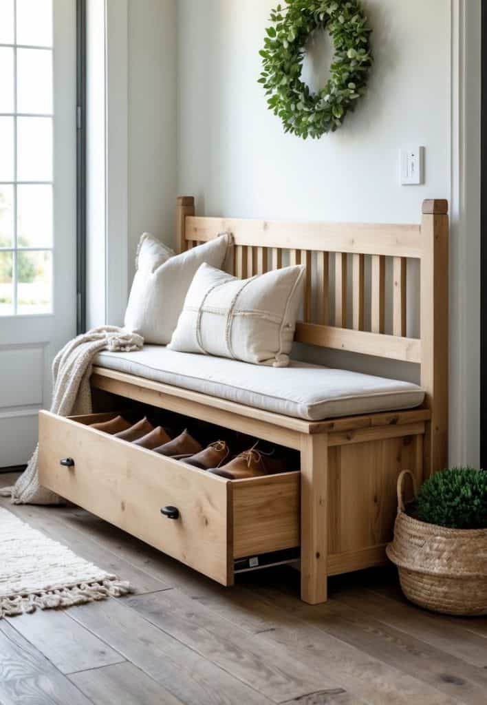 A wooden bench with a cushioned seat and open storage drawer holding shoes sits by a door; a wreath hangs above, and a woven basket is on the floor nearby.