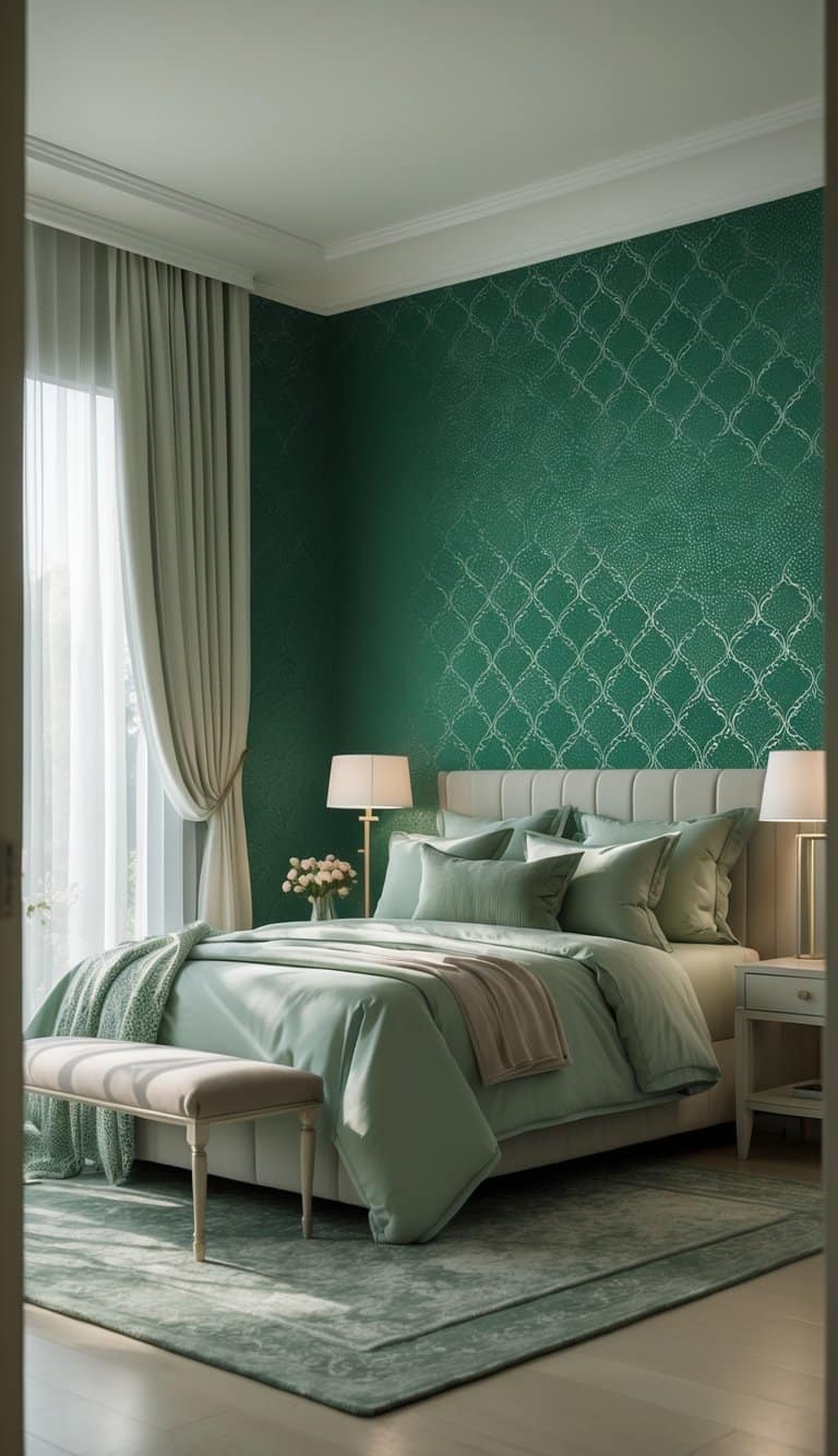 A bedroom with emerald green patterned wallpaper, a bed with neutral linens, bedside tables, and soft natural light.