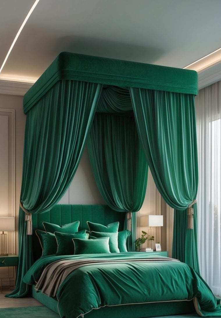 A modern bedroom features a green canopy bed with matching bedding and drapes, a rug, nightstands, lamps, and large windows letting in natural light.