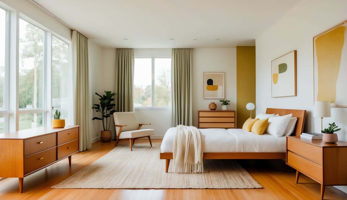 A bright and clean bedroom with wooden furniture, large windows, a cozy bed, a lounge chair, and decorative plants in a spacious, well-organized room.