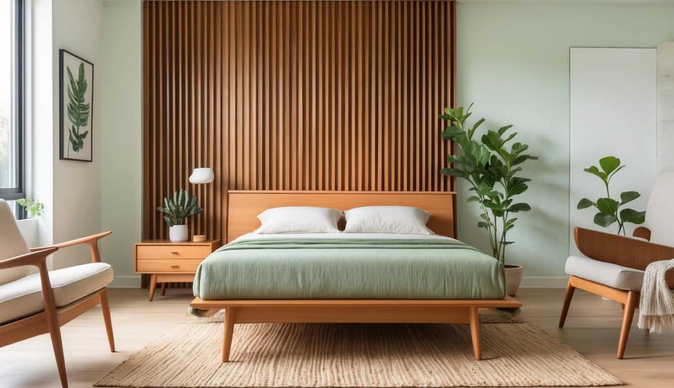 A bright bedroom with a wood slat accent wall, a wooden bed, a nightstand, a lounge chair, and a woven rug, all arranged in a clean and inviting space.