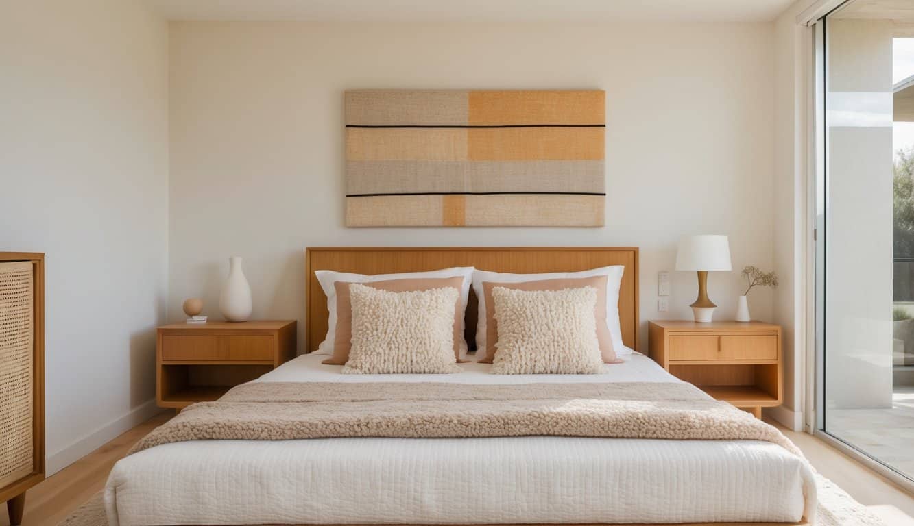 A bright, clean bedroom with a neatly made bed featuring textured throw pillows, wooden furniture, and natural light filling the space.