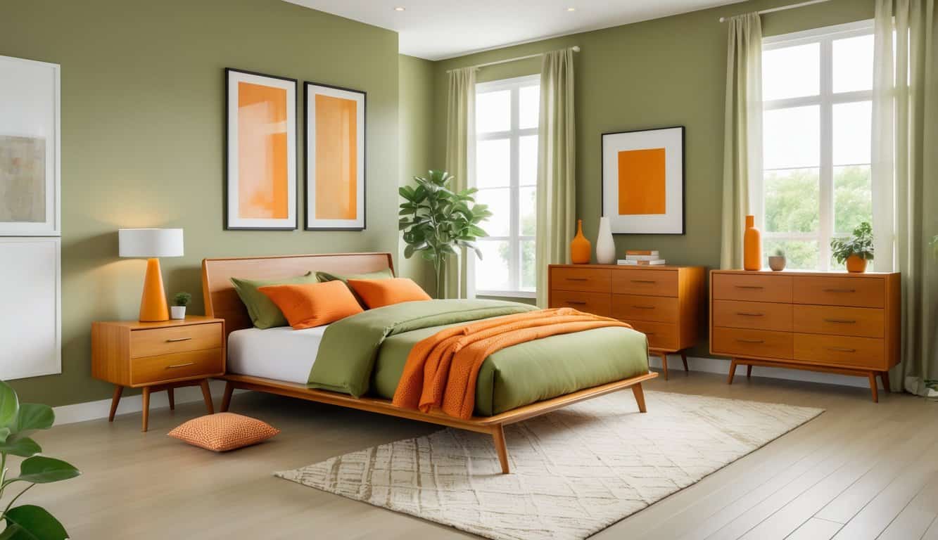 A bright bedroom with orange and olive green colors, featuring a neatly made bed, wooden furniture, large windows, and a clean, inviting layout.
