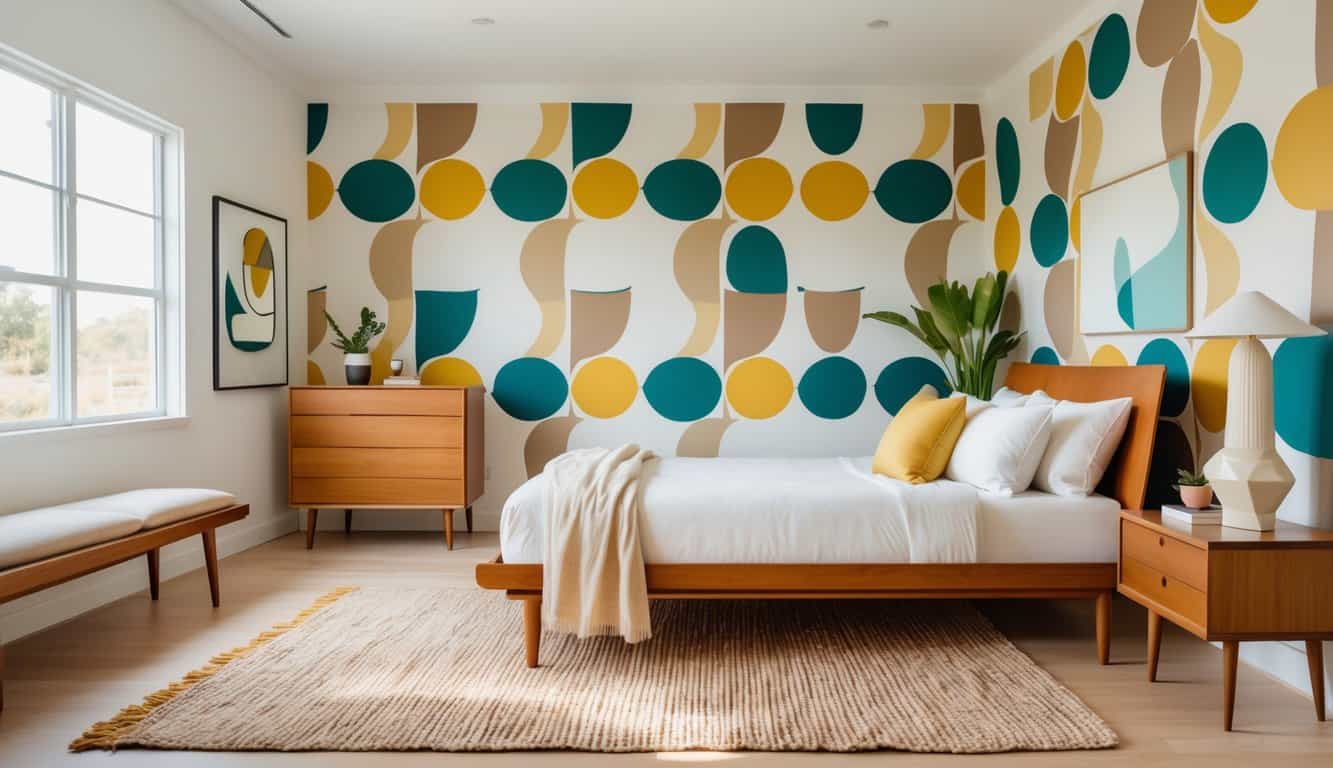 Bright bedroom with geometric patterned wallpaper, wooden bed, nightstand, dresser, large windows, and a clean, uncluttered layout.