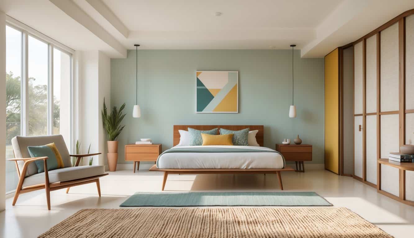 A bright, tidy bedroom with a wooden bed, lounge chair, and large windows letting in natural light, featuring simple and stylish furniture and decor.