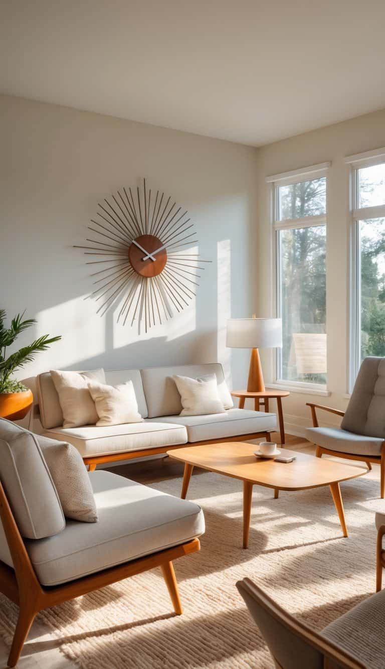 A bright living room with a starburst wall clock, sofa, lounge chair, coffee table, and large windows letting in natural light.