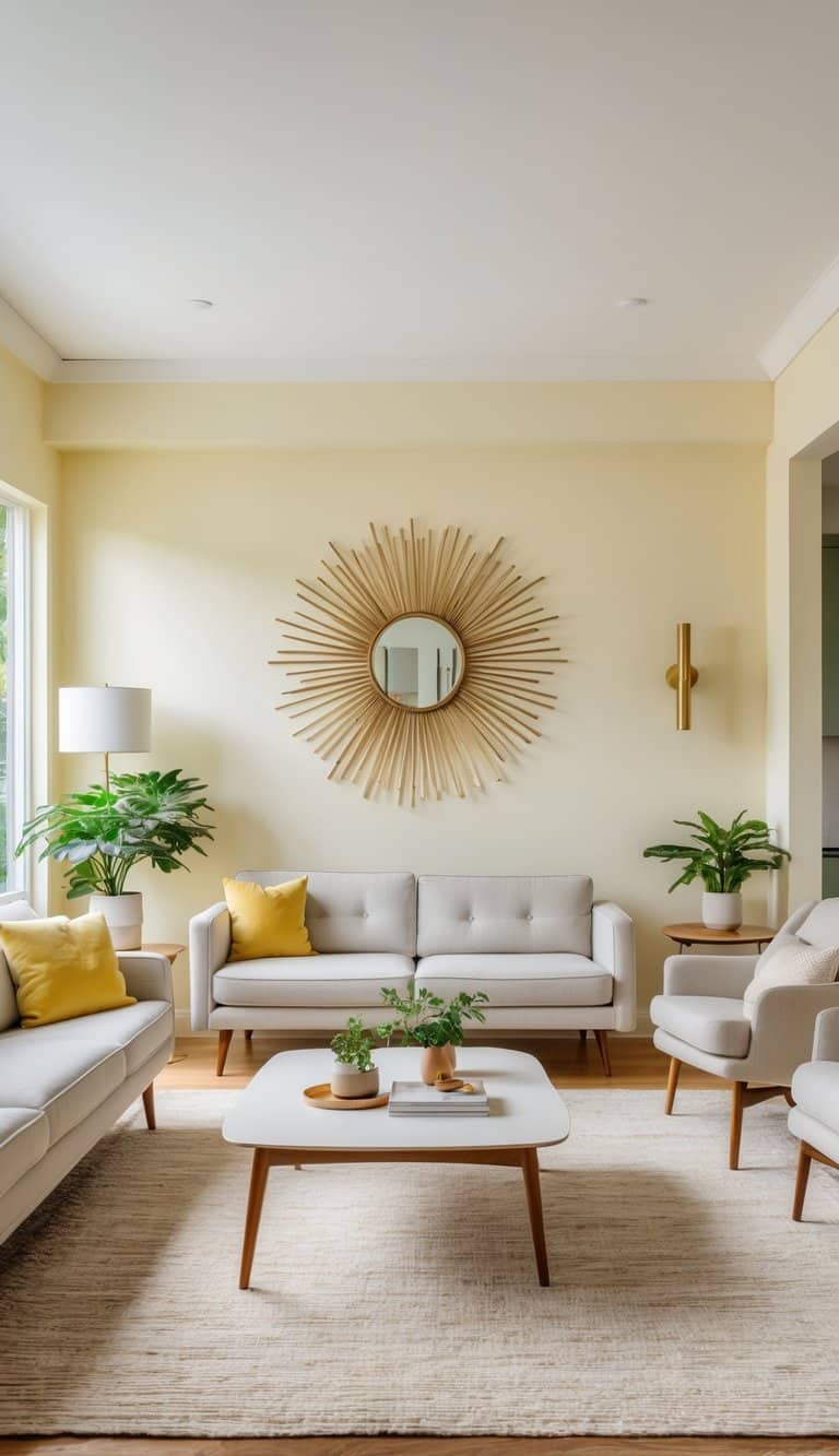 A bright and clean living room with a sunburst mirror on the wall, stylish furniture, and an inviting atmosphere.