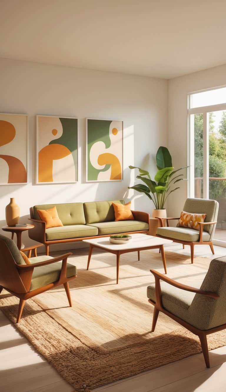 A bright living room with wooden furniture, abstract art on the walls, large windows, and a clean, uncluttered layout.