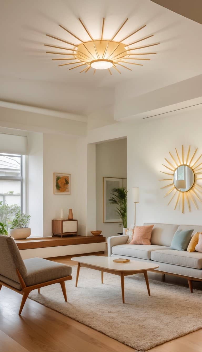 A bright living room with a sunburst wall sconce, sofa, coffee table, and wooden floor in a clean and inviting setting.