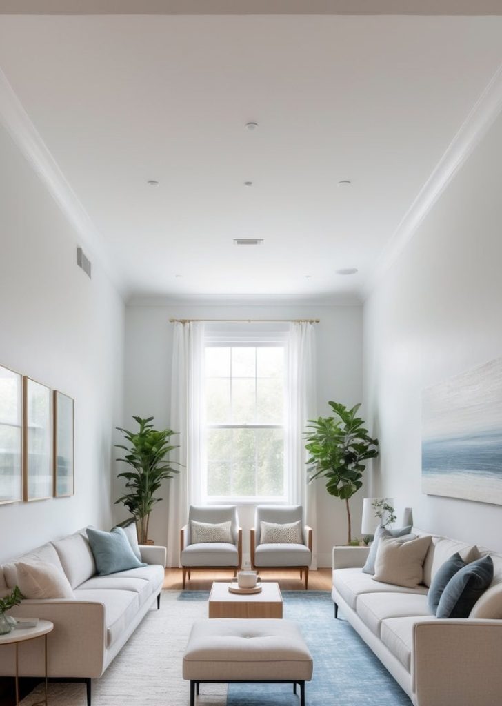 A bright, modern living room with two white sofas, a blue rug, a window with sheer curtains, potted plants, and light wooden flooring.