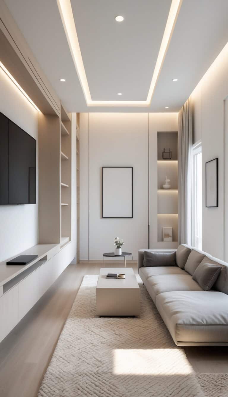 A bright, long narrow living room with a swivel-mounted TV, a sofa, coffee table, and shelves arranged neatly in a clean and spacious layout.