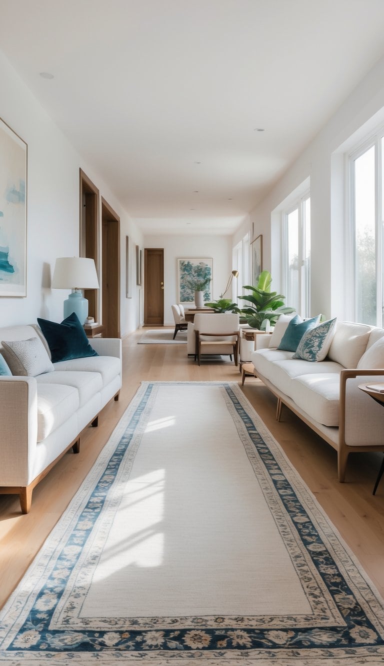 A long, narrow living room with seating along one side and a runner rug extending down the center, bright and clean with styled furniture and ample natural light.