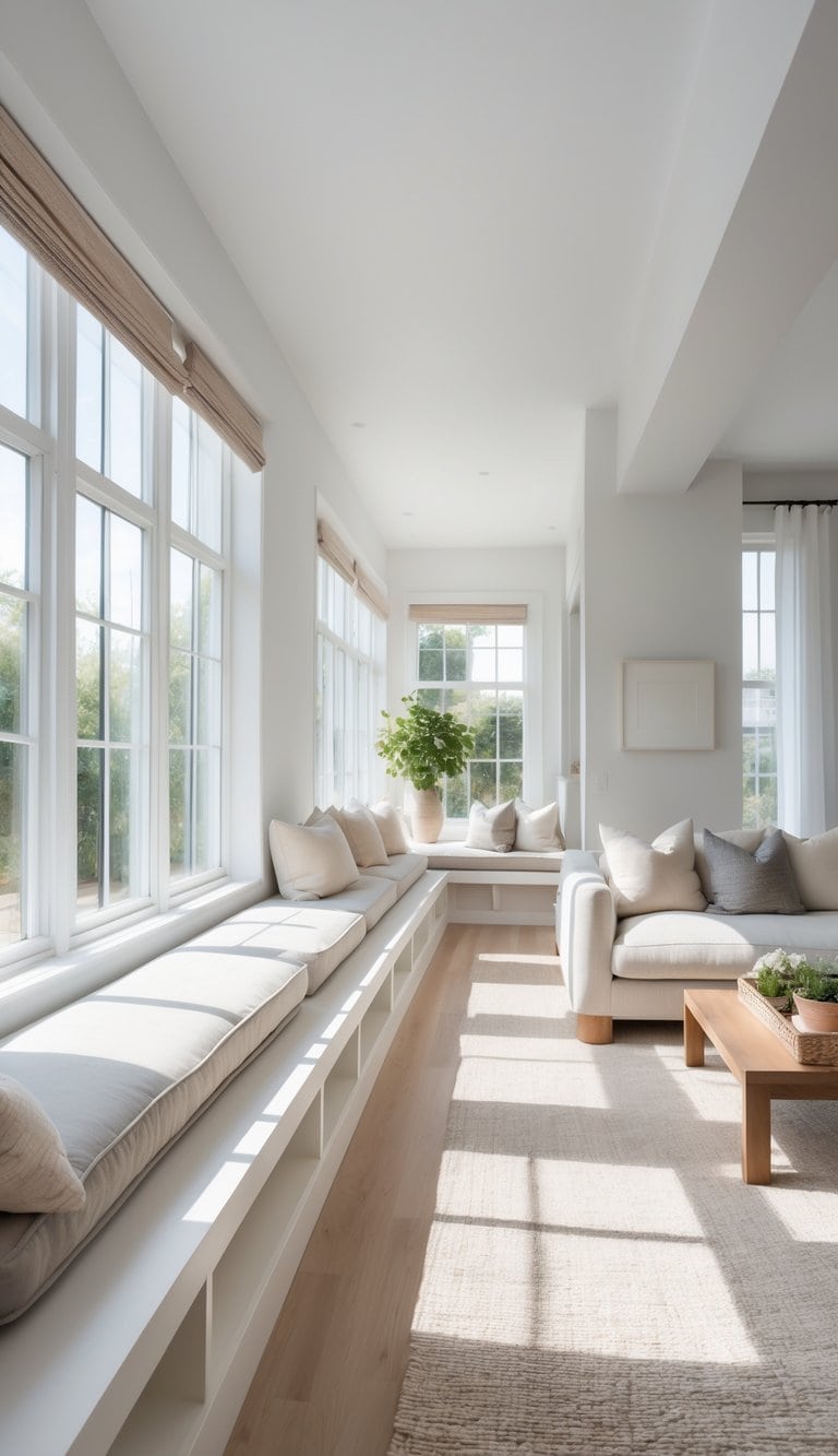 A bright, long, narrow living room with built-in storage benches along a window wall, featuring modern furniture and a clean, open layout.