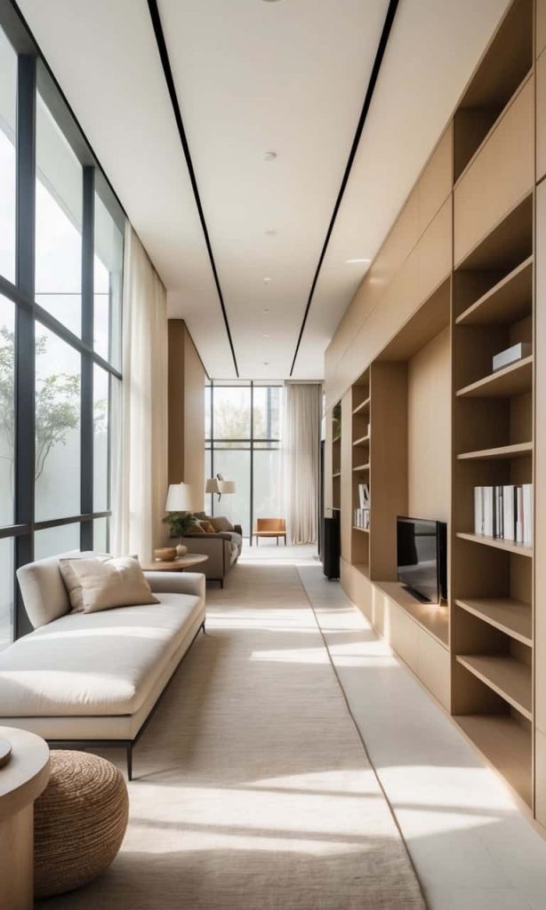 A modern living room with large windows, light wood built-in shelves, a sofa, a small round table, and natural light filling the space.