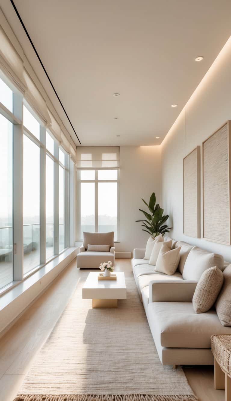 A bright, long narrow living room with large windows letting in natural light, a sofa, coffee table, and minimal window treatments.