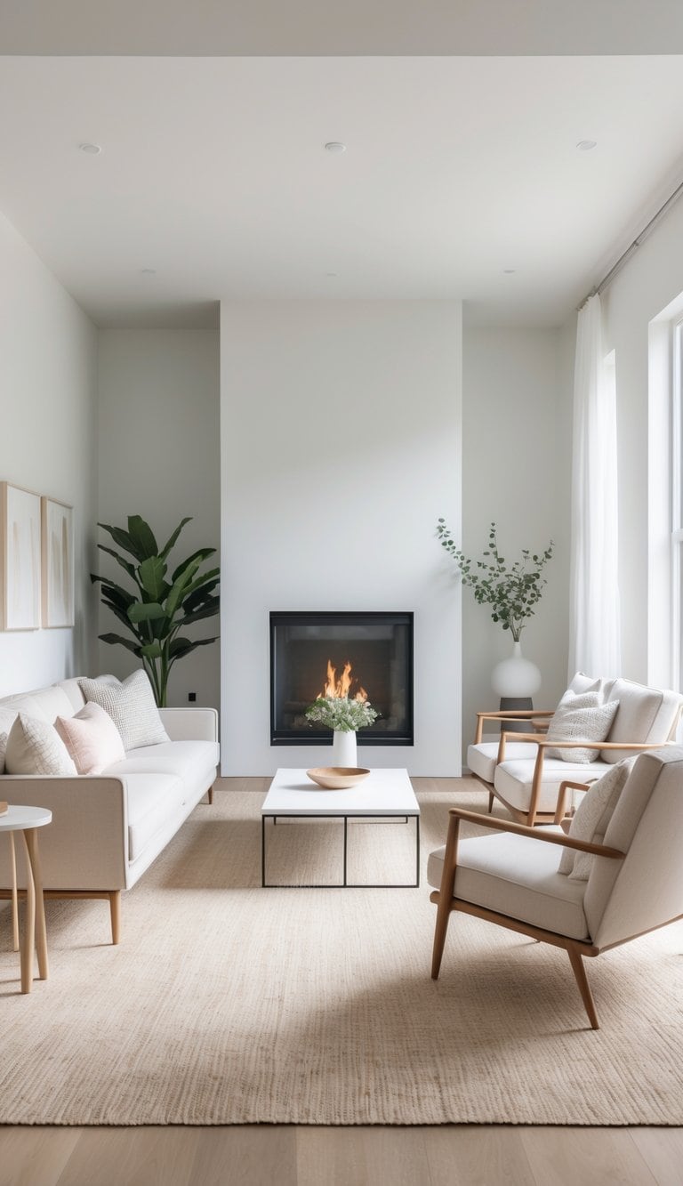 A long, narrow living room with a sofa and armchairs arranged facing each other around a coffee table, bright natural light filling the space.