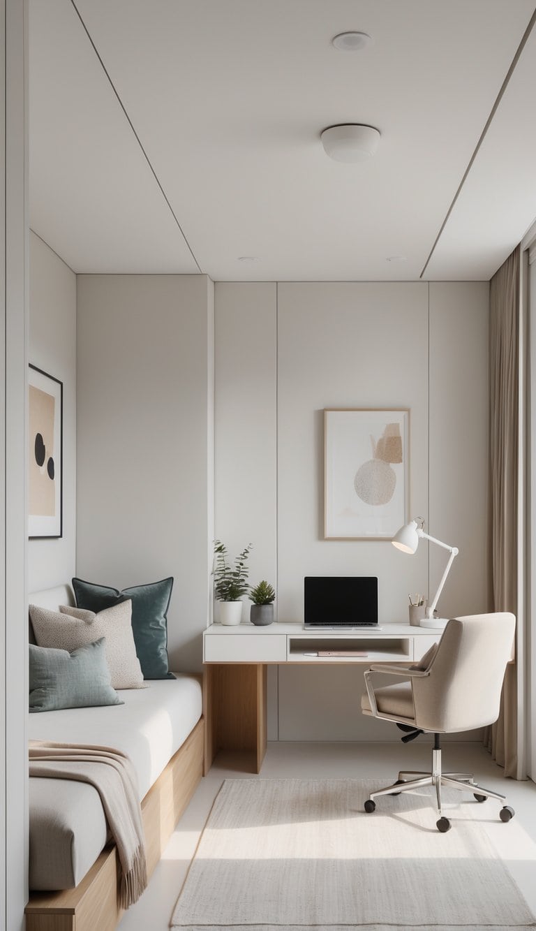 A bright and tidy room featuring a guest bed and a workspace with a desk, chair, and decorative plants.