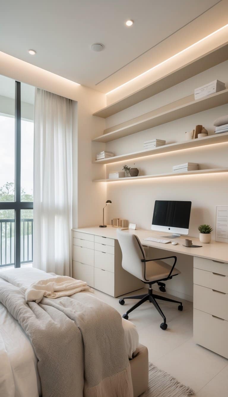 A bright guest room and office combo with floating shelves, a desk, and a neatly made bed in a clean and organized space.