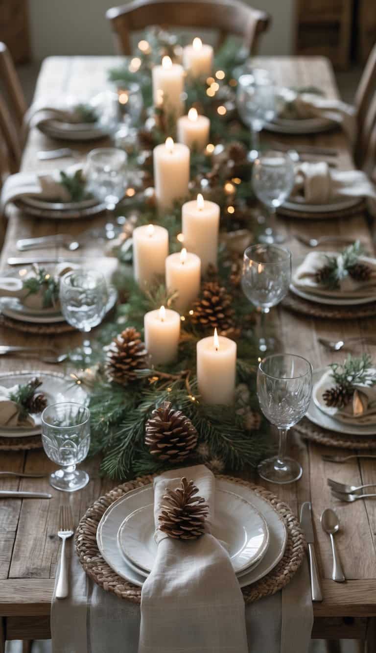 A rustic wooden dining table set with plates, glasses, cutlery, candles, and floral centerpieces, decorated with seasonal natural elements and lit by soft natural light.