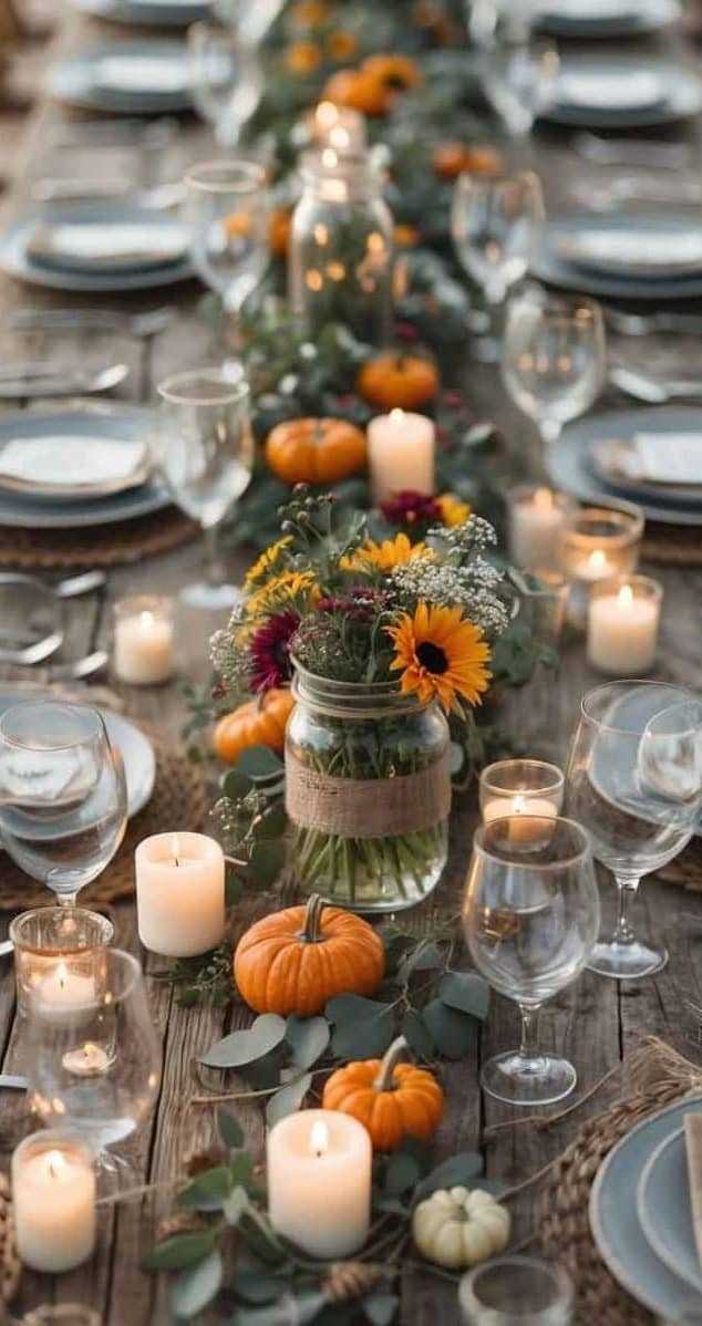 A long wooden table set for a meal with plates, glasses, candles, small pumpkins, and floral centerpieces arranged along the center.