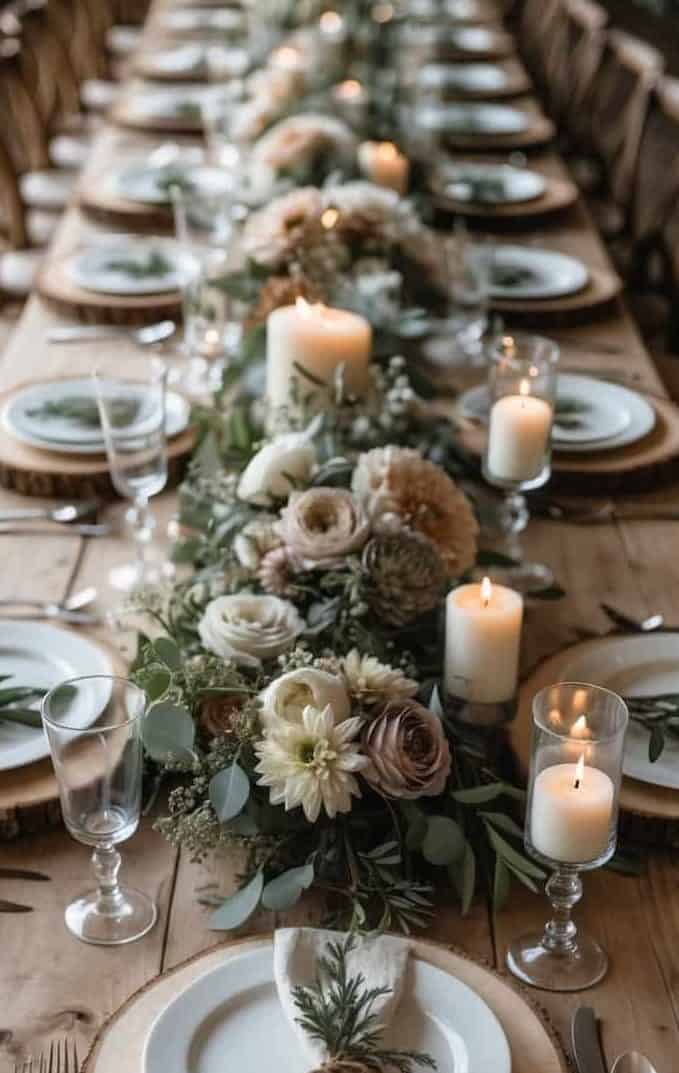 A long wooden table is set with white plates, cutlery, glassware, candles, and a centerpiece of greenery and flowers, creating an elegant, rustic dining arrangement.