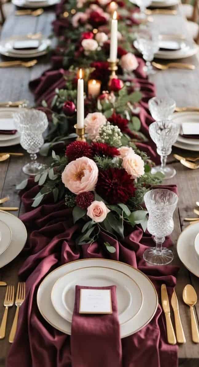 A long wooden table set for a formal meal with gold flatware, crystal glasses, white plates, burgundy napkins, and floral centerpieces with candles.