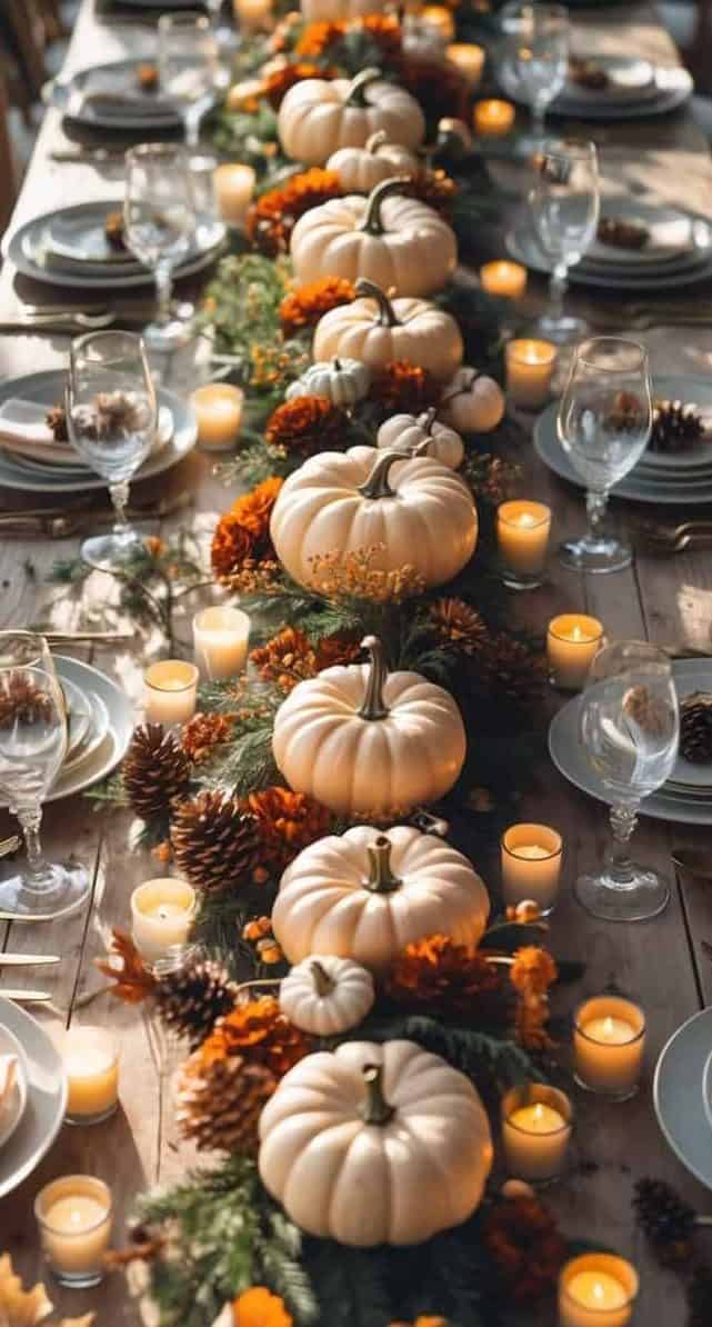 A long wooden dining table set with plates, glasses, and napkins, decorated with white pumpkins, pine cones, greenery, orange flowers, and lit candles.