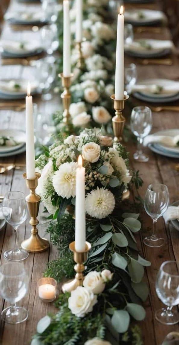 A long wooden table set for a formal event, decorated with white flowers, greenery, gold candlesticks with lit candles, plates, glasses, and cutlery.
