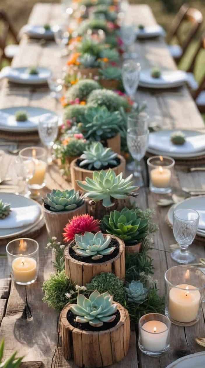 A rustic wooden table is set for a meal with white plates, glasses, candles, and a centerpiece of succulents and flowers in wooden planters.