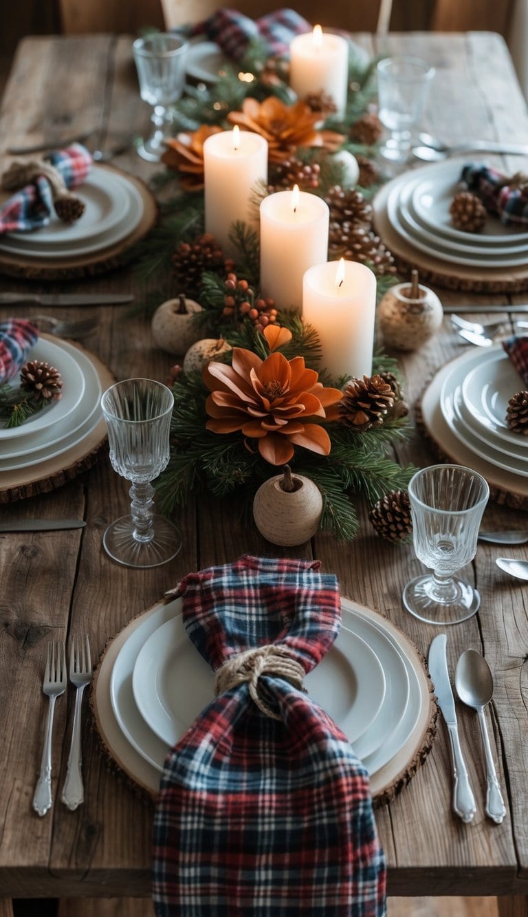A rustic dining table set with plates, glasses, cutlery, plaid napkins, candles, and a floral centerpiece.