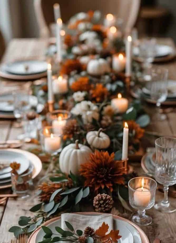 A wooden dining table set with white plates, gold cutlery, candles, and autumn-themed decorations including pumpkins, pinecones, and foliage.