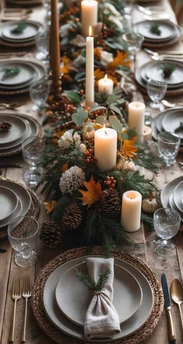A long wooden dining table is set with neutral plates, gold cutlery, glasses, and decorated with candles, pinecones, and autumn foliage as a centerpiece.