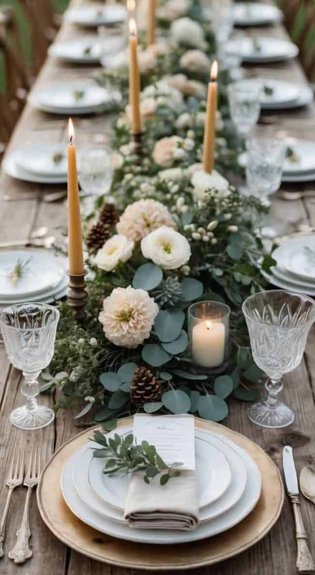 A rustic wooden table set for a formal outdoor dinner, decorated with candles, white flowers, greenery, gold accents, and neatly arranged plates and glassware.