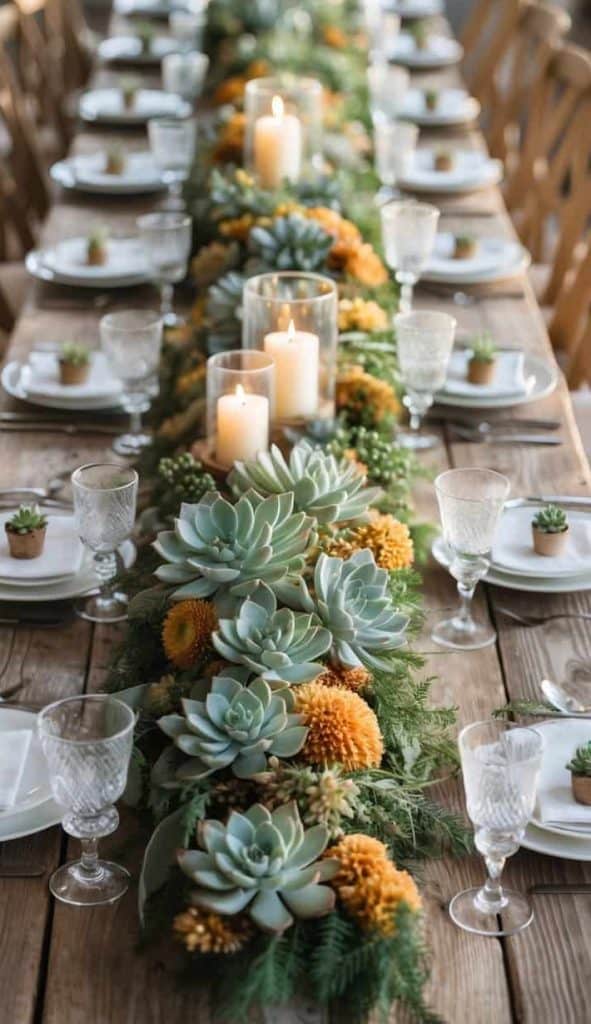A long wooden table set for a meal, decorated with a centerpiece of succulents, yellow flowers, and candles, with plates, glasses, and small potted plants at each place setting.