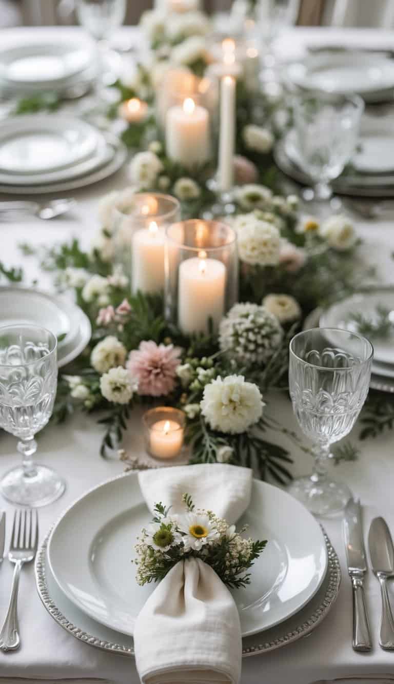 A wedding dining table set with plates, glasses, wildflower napkin rings, floral centerpieces, and candles.