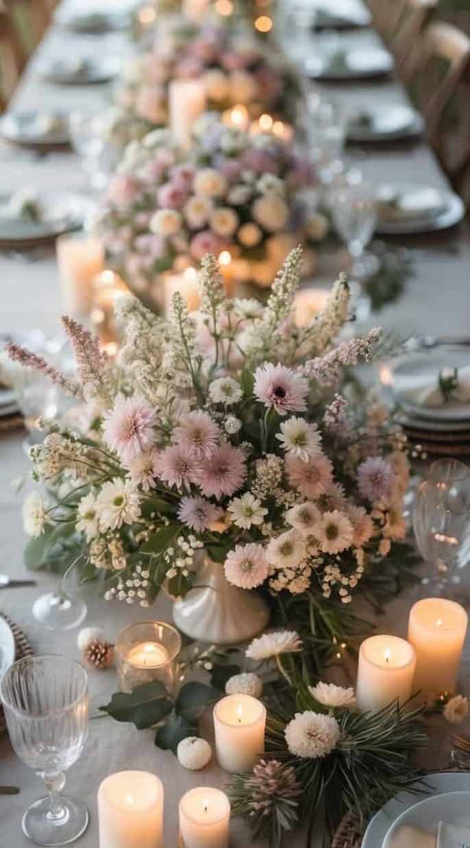 A long dining table set outdoors with white plates, glassware, floral centerpieces of pink and white flowers, and several lit candles creating a soft, elegant ambiance.