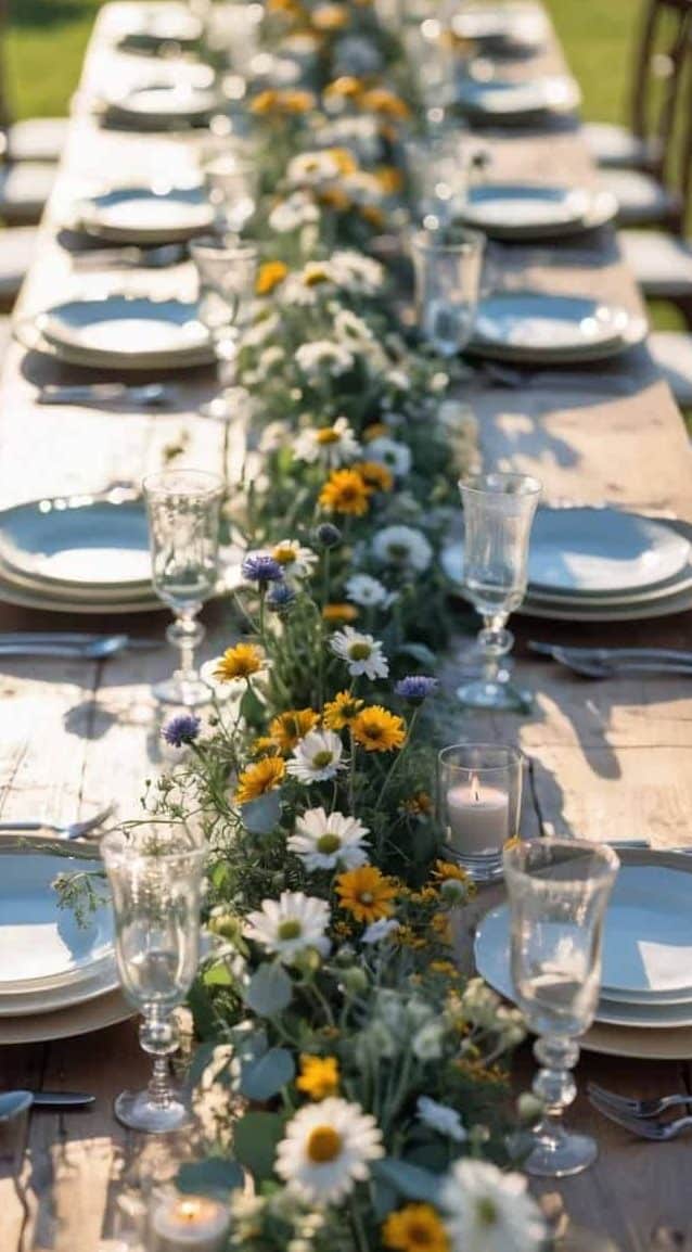 A long wooden table set for a meal with white plates, glassware, cutlery, and a centerpiece of yellow and white flowers running down the middle.
