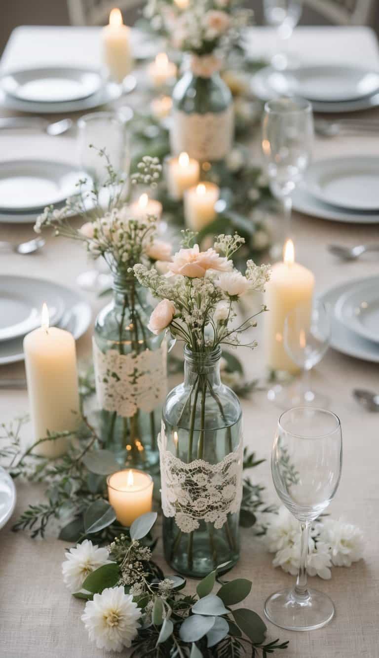A wedding dining table set with plates, glasses, lace-wrapped bottles filled with wildflowers, candles, and greenery.