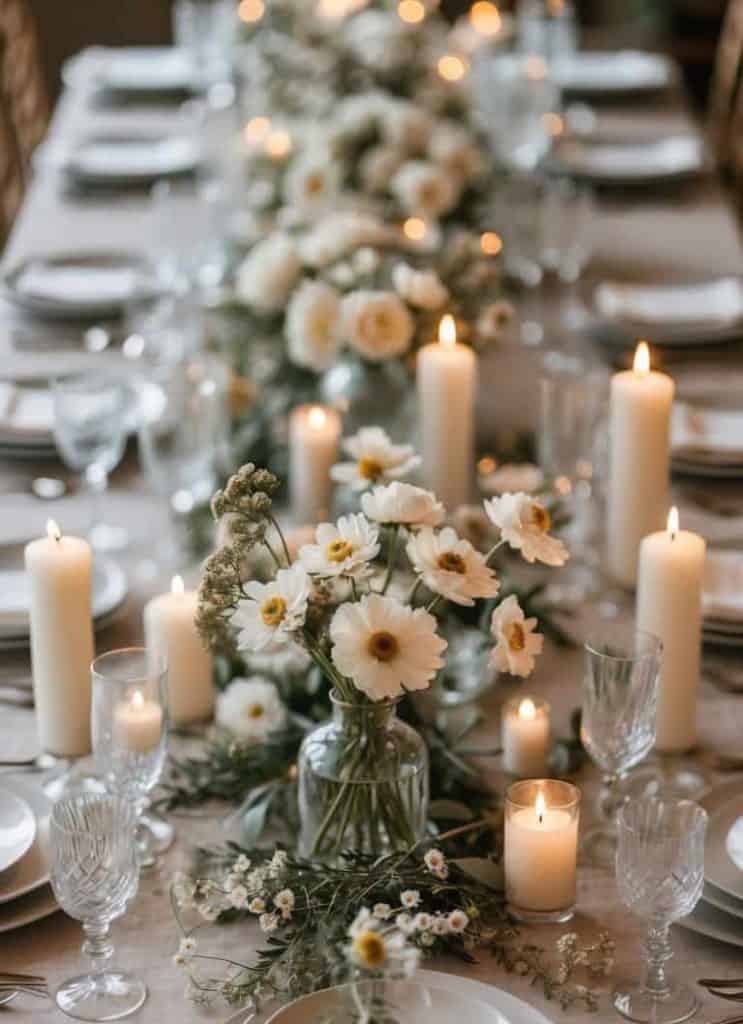 A long dining table is set with white plates, crystal glassware, silver cutlery, white candles, and vases of white flowers arranged along the center.