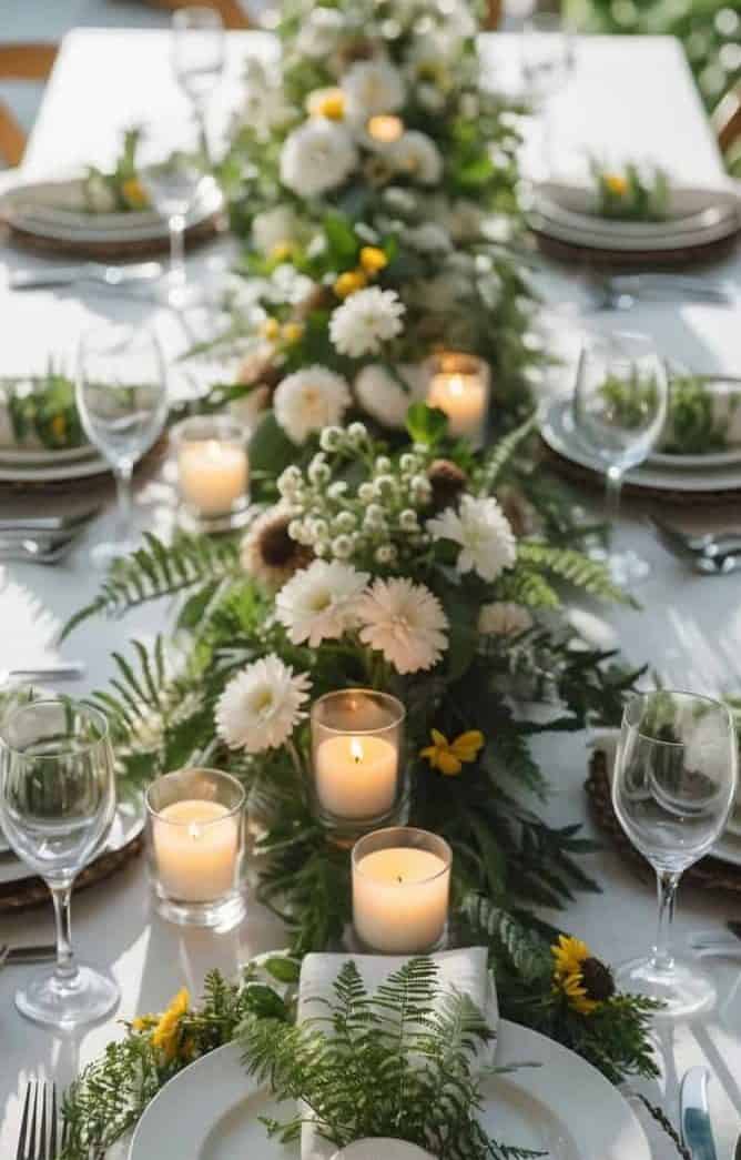 A decorated dining table with white plates, glassware, cutlery, lit candles, and a centerpiece of white flowers, yellow flowers, and ferns.