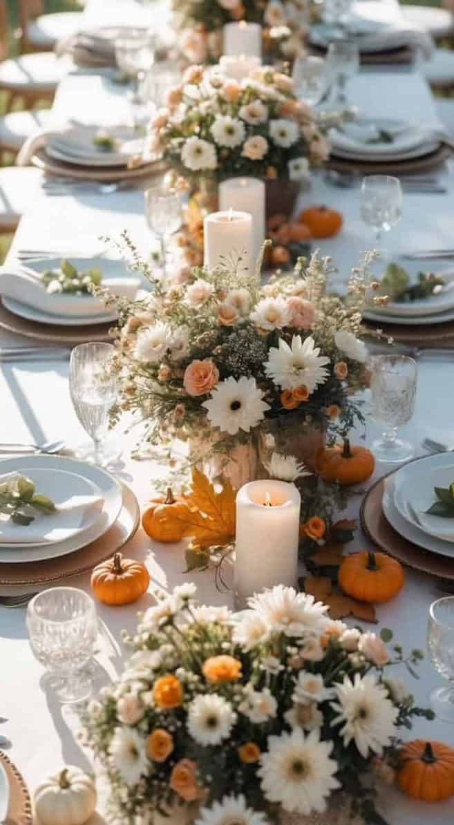 A long table set for a meal with white plates, glassware, candles, floral centerpieces, and small pumpkins arranged as autumn decorations.
