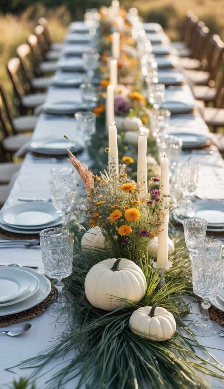 A wedding dining table set outdoors with white plates, glasses, wildflower and wild grass centerpieces, candles, and seasonal decorations.