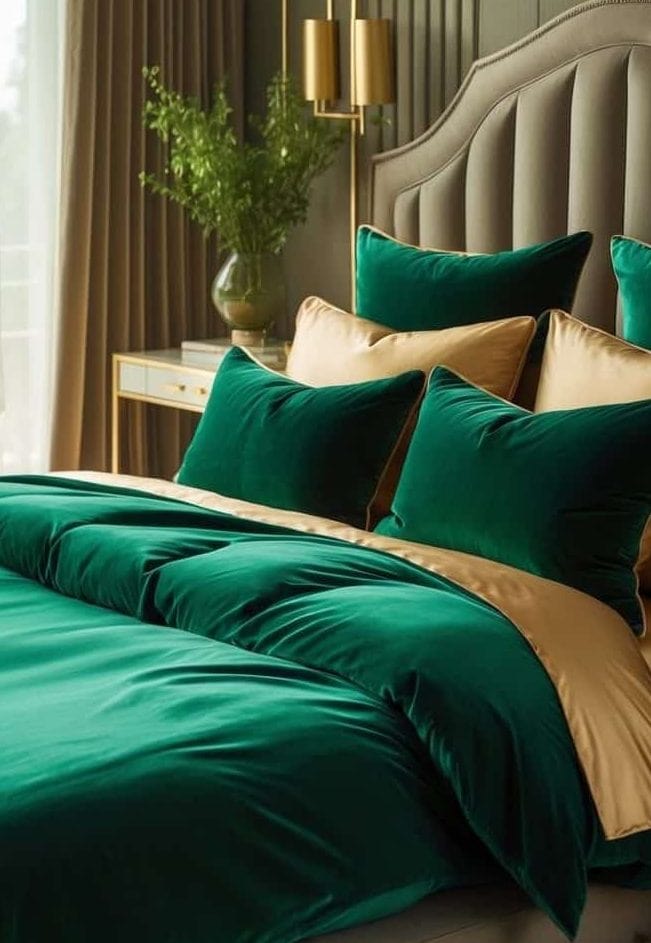 A neatly made bed with emerald green and beige bedding, plush pillows, and a tufted headboard, next to a nightstand with a vase of greenery by a sunlit window.