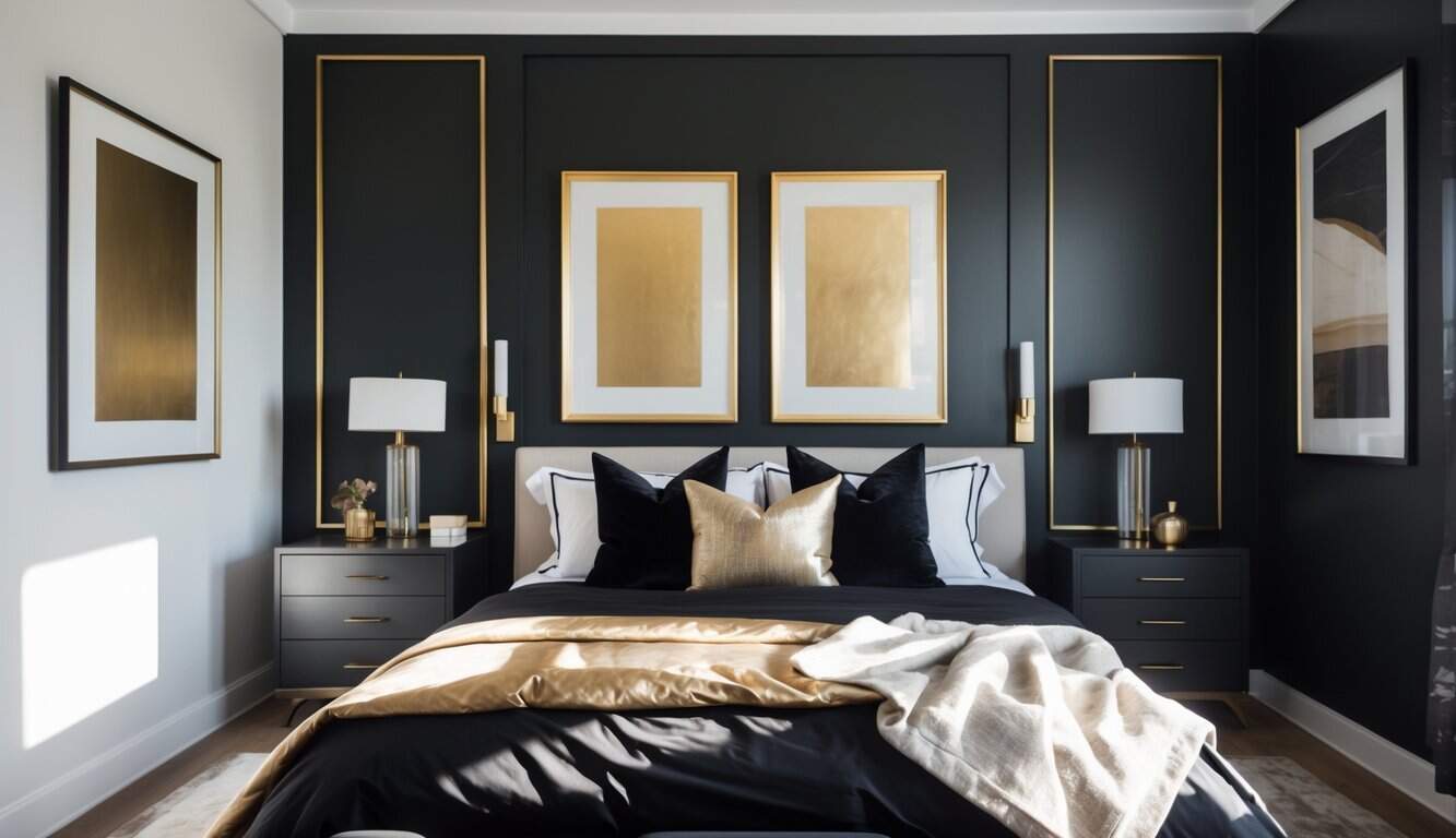 A bedroom with black walls, gold-framed art, a neatly made bed, and bright lighting creating a clean and inviting space.