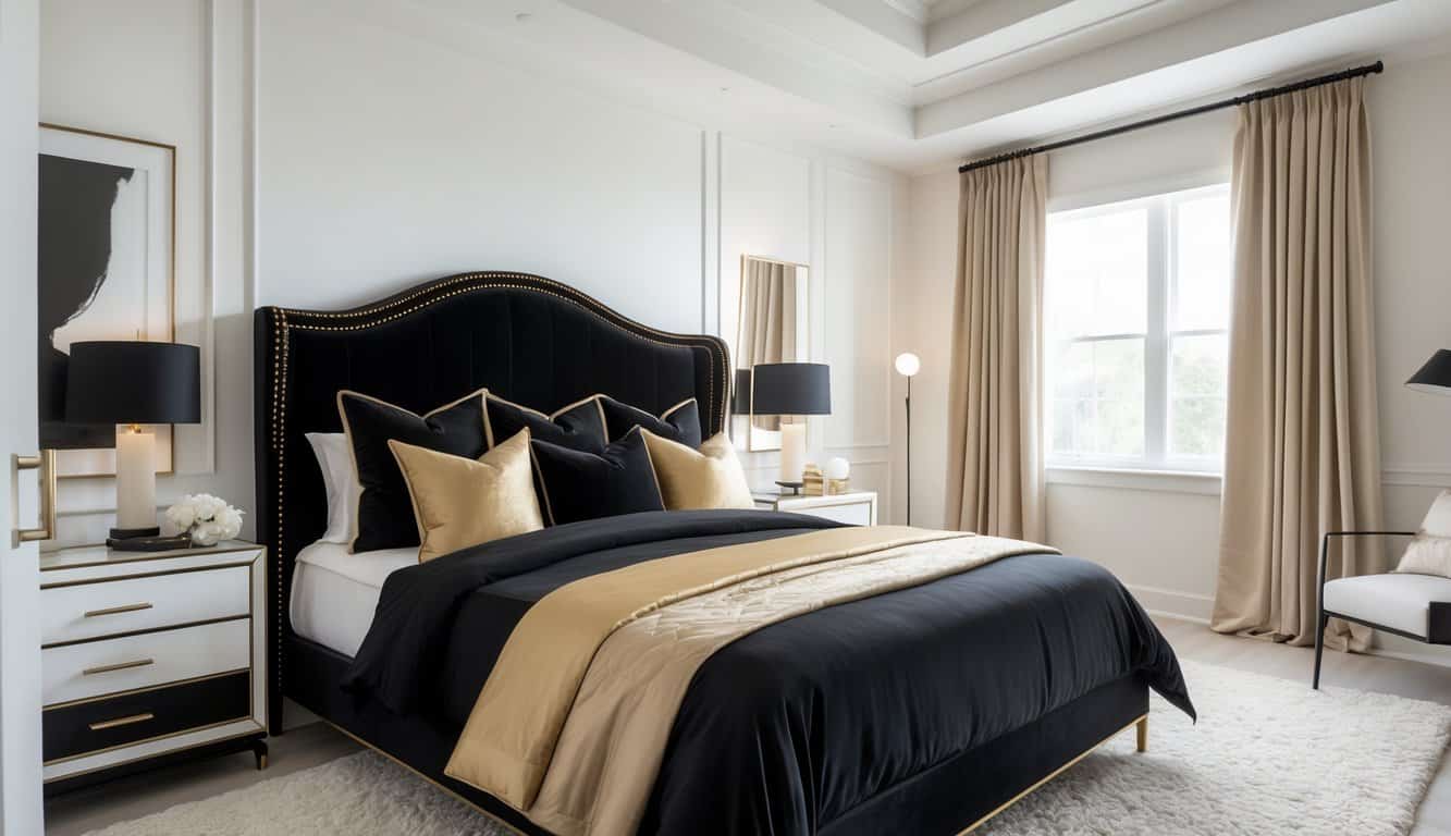 A bright bedroom with a black velvet headboard featuring gold trim, a neatly made bed, a nightstand with a lamp, and a clean, uncluttered layout.
