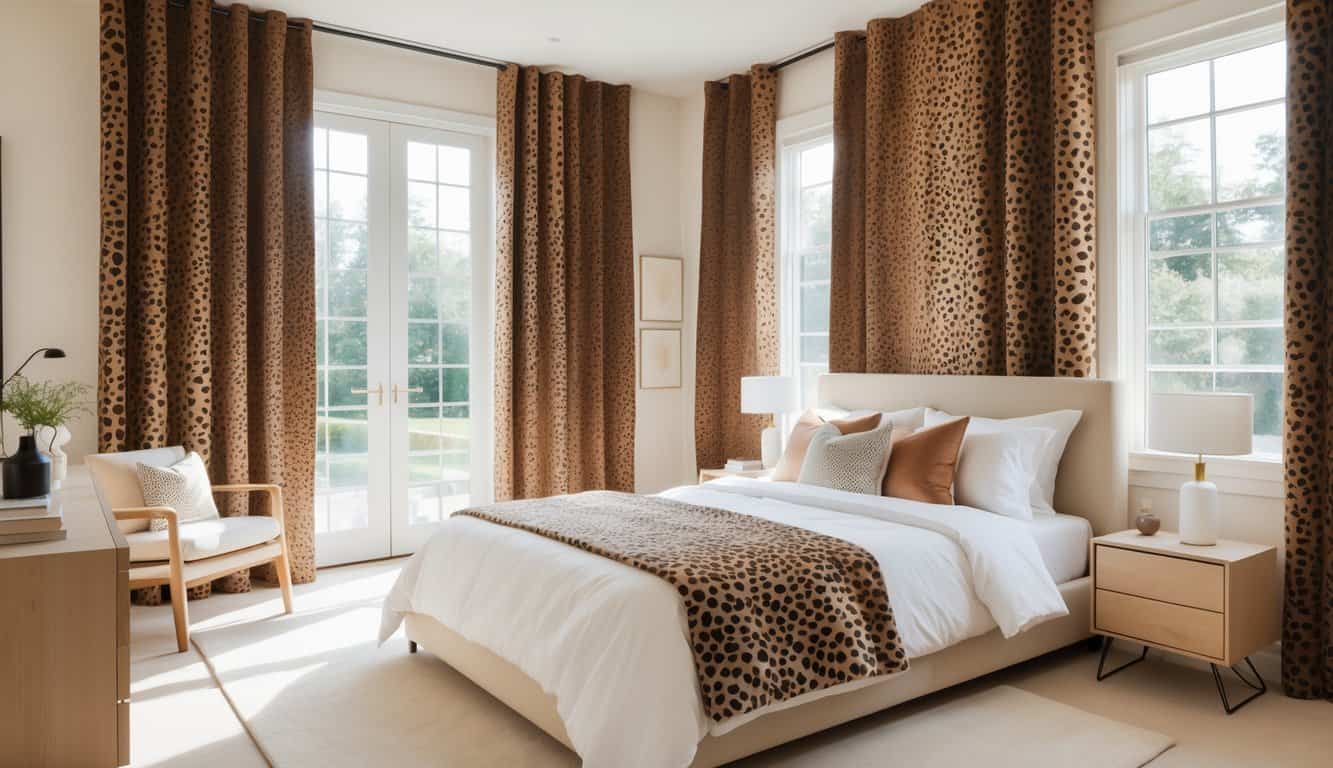 A bright and clean bedroom with suede leopard print curtains, a neatly made bed, a wooden nightstand with a lamp, and a dresser, all arranged in a spacious and inviting room.