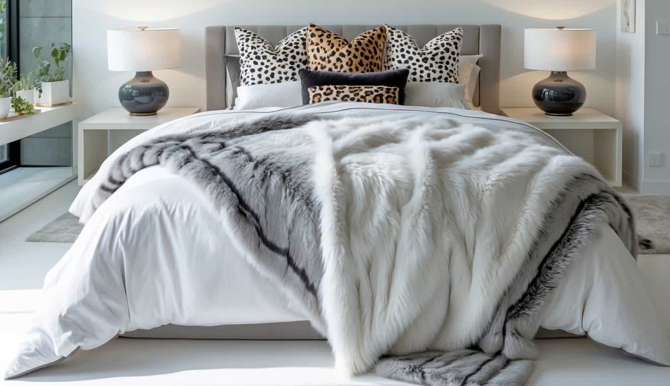 A bright bedroom with a neatly made bed featuring a white and gray faux fur throw, animal print pillows, and streamlined furniture in a clean and spacious layout.