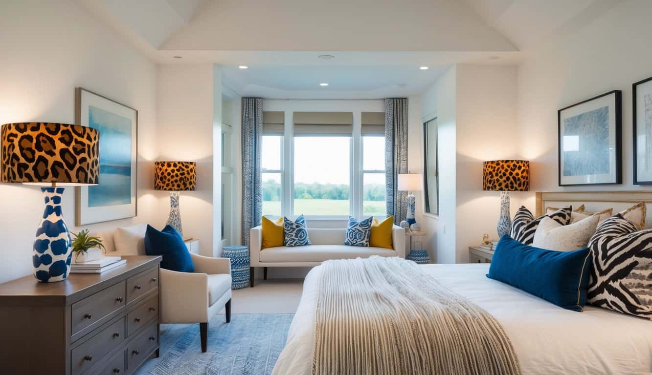 A bright and tidy bedroom with animal print lamps casting soft light, featuring neatly arranged furniture and textured bedding.