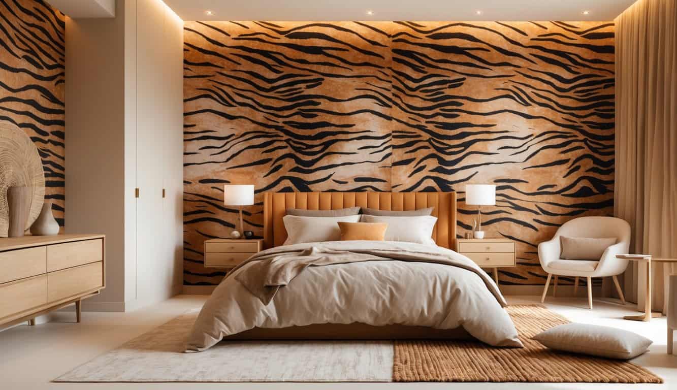 A bright bedroom with tiger stripe patterned walls in warm earth tones, featuring a neatly made bed, a wooden nightstand, and a clean, organized layout.