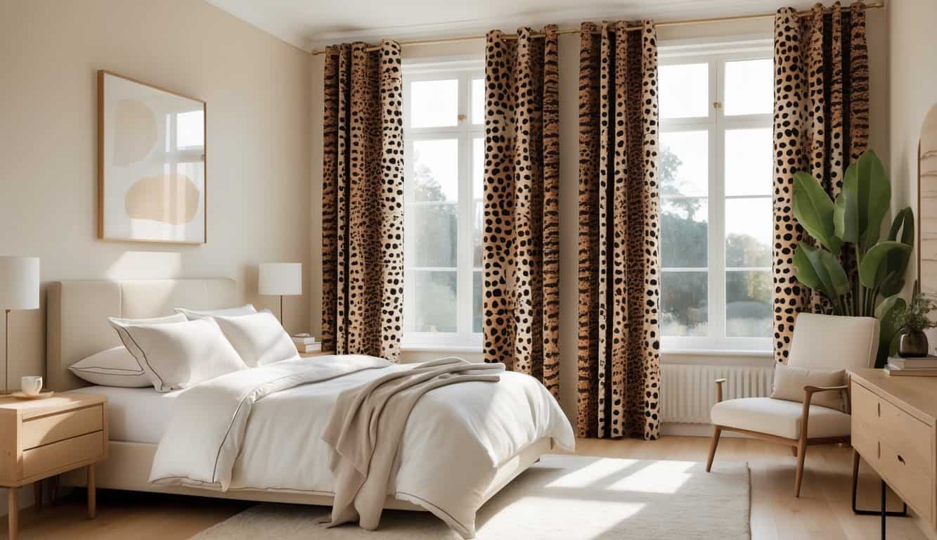 A bright bedroom with leopard print curtains, a neatly made bed, wooden nightstand, and a clean, uncluttered layout.